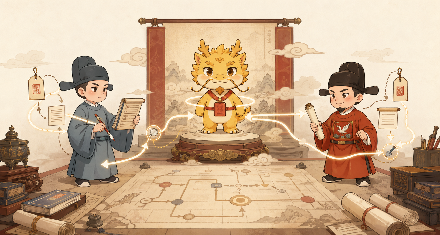 Xiao Huanglong presides at the center while Xu Jie and Yan Song stand on both sides, with governance evidence flowing through the loop.