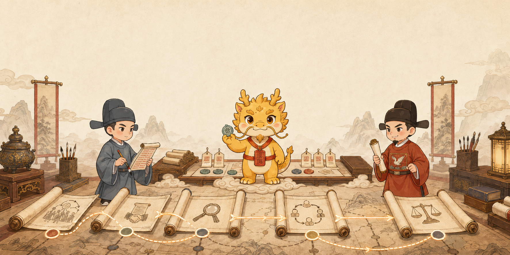 Xiao Huanglong, Xu Jie, and Yan Song stand before a long learning route scroll.