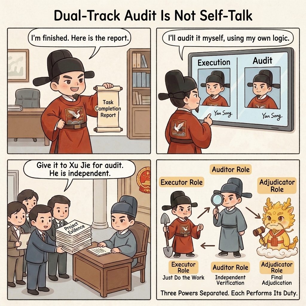 Dual-track auditing is not self-validation