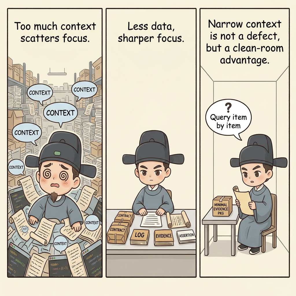 Narrow context is not a defect, but a clean-room advantage