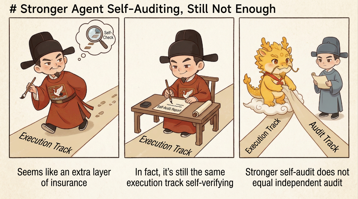 A stronger agent auditing itself is still not enough