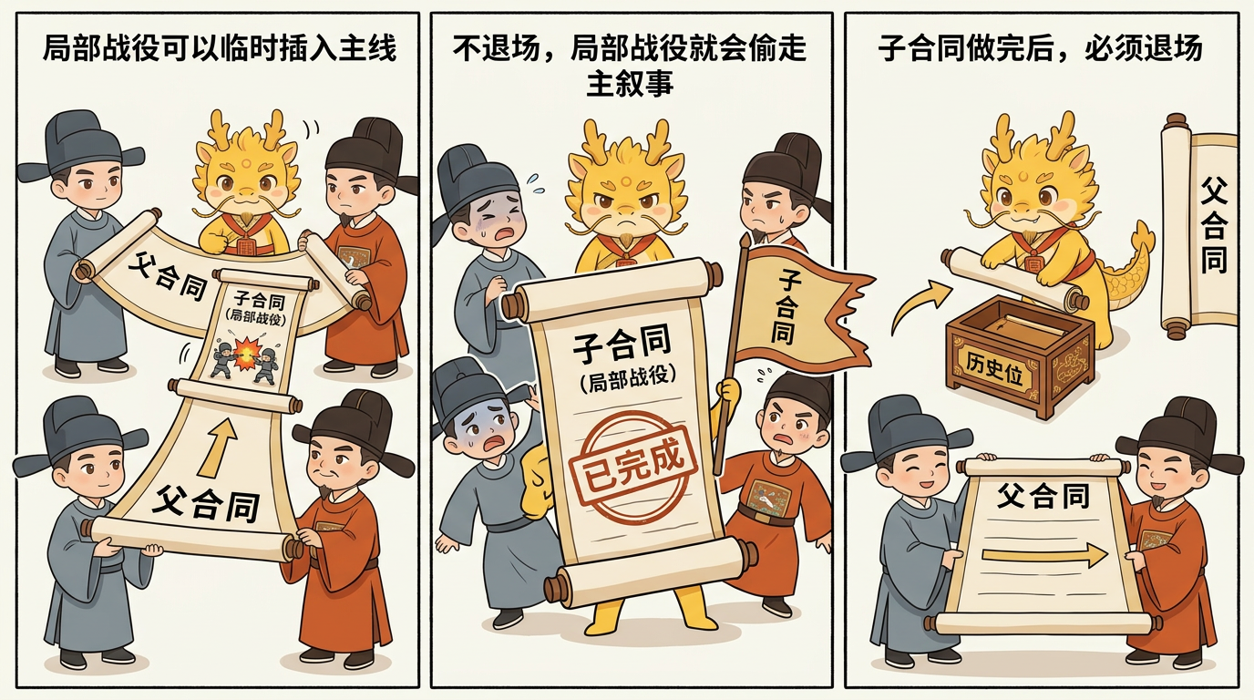 子合同做完后，必须退场