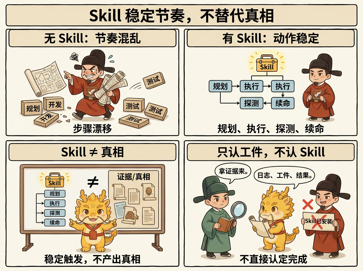 Skill 稳定节奏，不替代真相